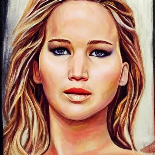 Image similar to beautiful oil in canvas of jennifer lawrence, very detailed face, symetry!!