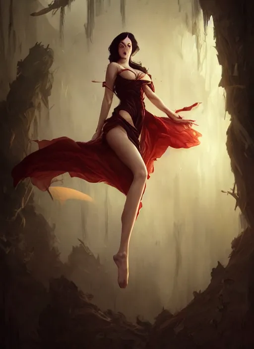 Image similar to desirable vampire woman floating in the air with silk cloth, fantasy, intricate, elegant, highly detailed, digital painting, artstation, concept art, matte, sharp focus, illustration, art by artgerm and greg rutkowski, dreadjim, zeen chin