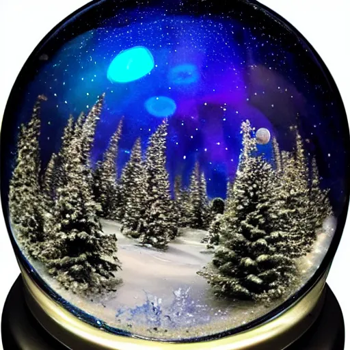 Image similar to ultra real 8 k snow globe with an amazing galaxy inside