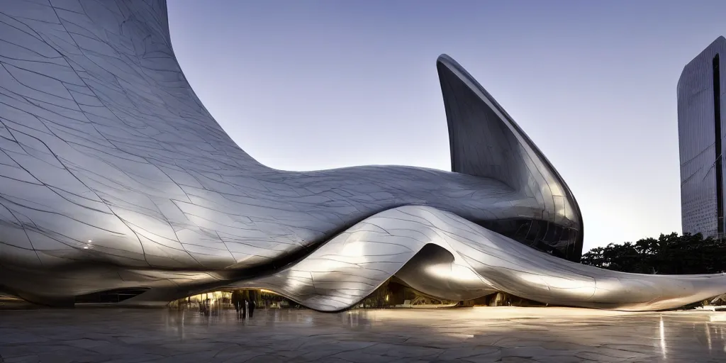 Prompt: extremely elegant smooth detailed stunning sophisticated beautiful elegant futuristic museum exterior by Zaha Hadid, Milan buildings in the background, smooth curvilinear design, stunning volumetric light, stainless steal, concrete, translucent material, beautiful sunset, tail lights