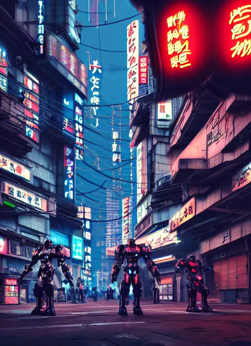 Prompt: market in japan, cyberpunk style, giant mecha - warrior in battle pose in center of field on first plan, bright neon signs, larry elmore, octane render, 3 d render, hard surface, masterpiece, trending on artstation, featured on pixiv, cinematic composition, hyper - detailed, hd, hdr, 4 k, 8 k