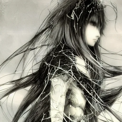 Image similar to Yoshitaka Amano blurred and dreamy illustration of an anime girl with wavy white hair and cracks on her face wearing Elden ring armour with the cape fluttering in the wind, abstract black and white patterns on the background, noisy film grain effect, highly detailed, Renaissance oil painting, weird portrait angle