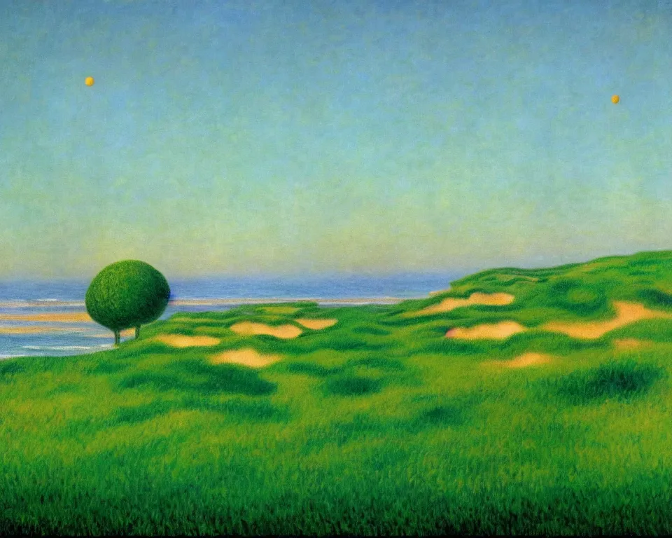 Image similar to achingly beautiful painting of bandon dunes green by rene magritte, monet, and turner.