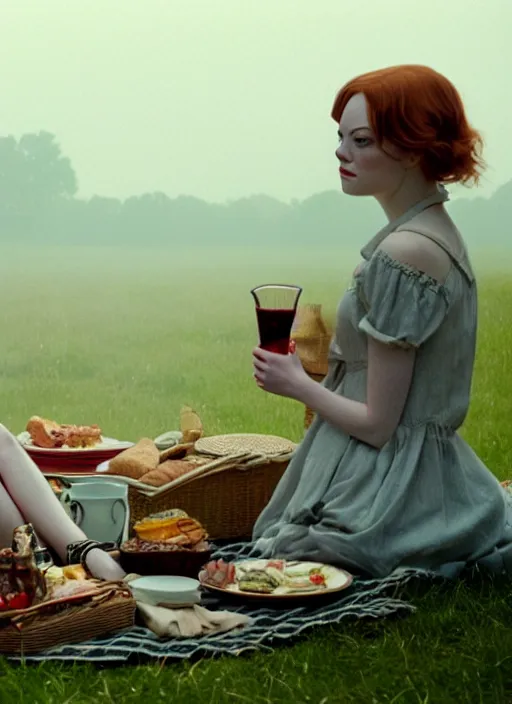 Prompt: emma stone having a picnic with tom holland, faded color film, russian cinema, tarkovsky, kodachrome, old clothing, heavy fog, 4 k, dramatic lighting, greg rutkowski