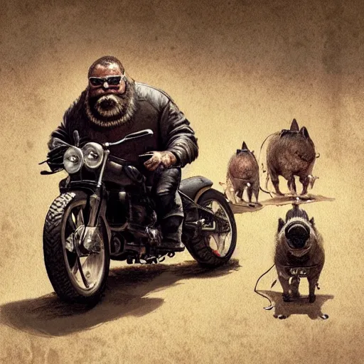 Prompt: A biker pig with a beard next to other biker animales bikers, hyperrealistic, greg rutkowski, trending in artstation, cinematographic