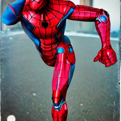 Image similar to a single iron man and spider - man hybrid, dslr, polaroid