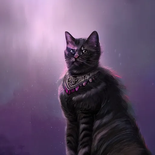 Prompt: masterpiece digital painting of a cat, focus on the face, visible face, heavy black obsidian armor, chaotic ruby inlays, large cape, by kev walker and greg rutkowski, atmospheric fog effects background, purple sparkles, artstation, deviantart, full body view, cinematic lights