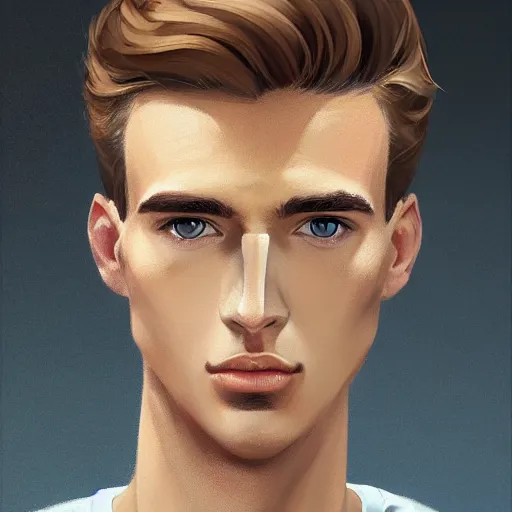 Image similar to tall man in his twenties with brown blond short quiff hair and thin slightly round facial structure with cleft chin, straight eyebrows and prominent nose, good definition of cheekbones, big hazel nut brown eyes, narrow face, slim body, atmospheric lighting, painted, intricate, 4 k, highly detailed by charlie bowater