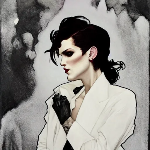 Image similar to handsome portrait of androgynous ruby rose as desire from sandman in a white tuxedo!!!, rockabilly style,, by alphonse mucha, by jeremy mann, by peter lindbergh, dave mckean, by frank moth, white suit and black tie, soft lightning, high detailed, 8 k