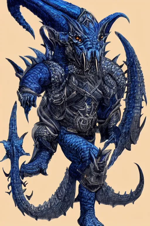 Image similar to a D&D character of a dark blue dragonborn with large tusks, half a face flaming with blue flame, he wears a black dragon scales armor, D&D concept art