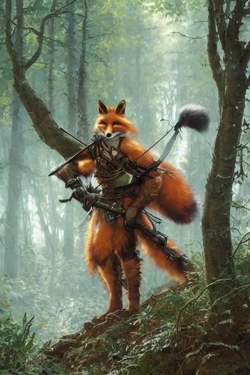 Image similar to a cunning anthropomorphic fox warrior hunting in the forest, wearing metal plate armor, character illustration by greg rutkowski, thomas kindkade, alphonse mucha, loish, norman rockwell