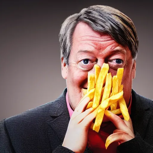 Image similar to photo of [ a single french fry chip ] shaped into stephen fry as a pixar character hybrid intercross mix cinematic lighting