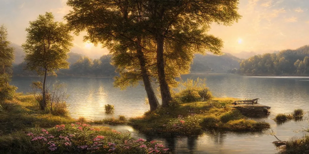 Image similar to a beautiful lake landscape in summer, by Ernest deutsch + Ted Nasmith, cinematic lighting, masterpiece, highly detailed, 8k resolution, trending on art station