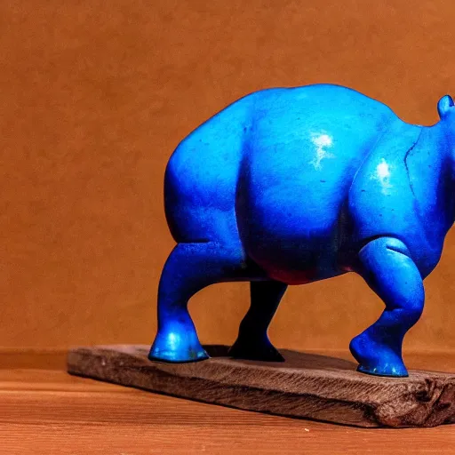 Image similar to small hippopotamus sculpture on a desk with bottom part and legs made out of wood and back and top part out of blue epoxy sculpture, mix, decorative small, 3 5 mm macro photography, studio