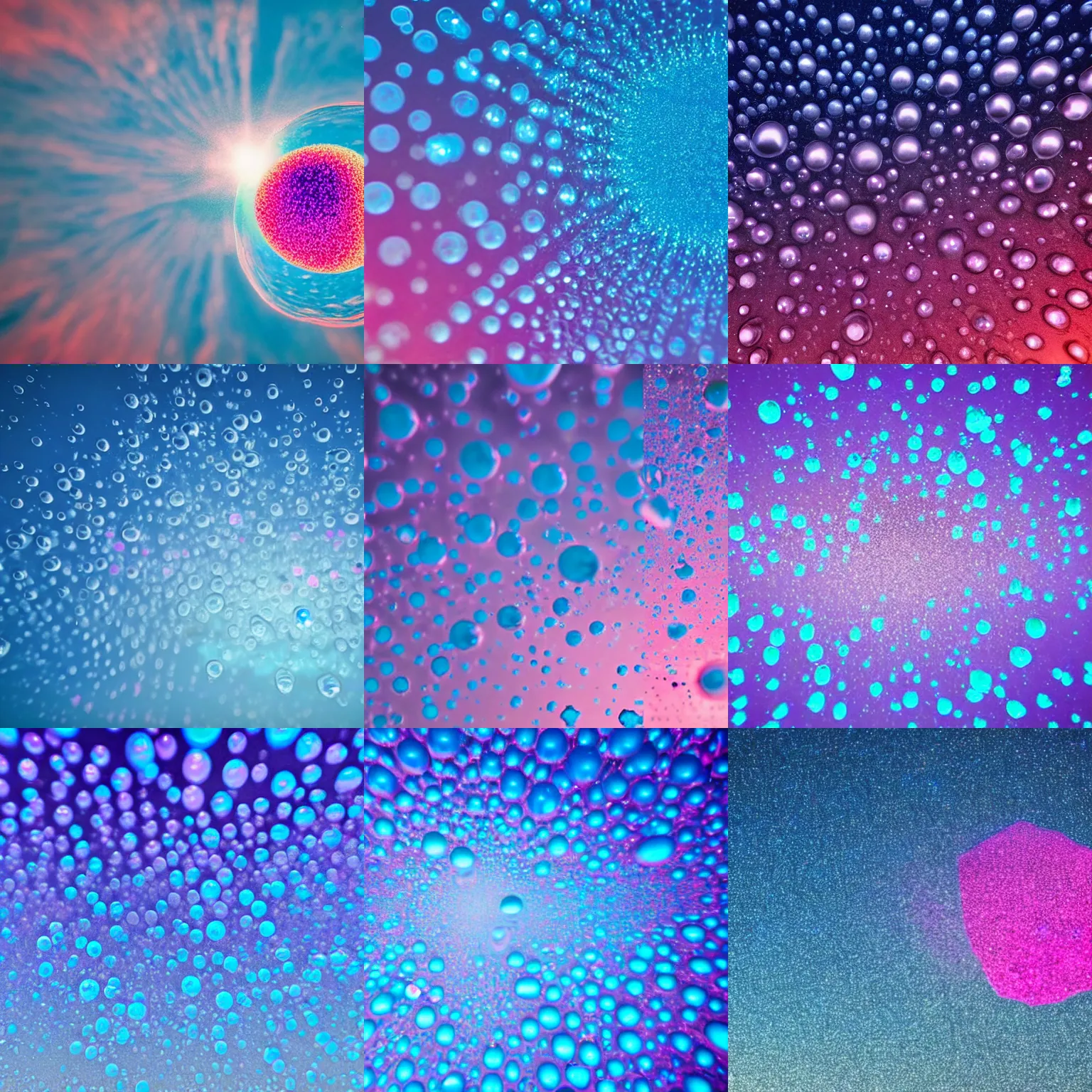 Prompt: floating giant crystals in the sky, cgi of water bubbles in blue and pink, a microscopic photo by adam szentpetery, shutterstock contest winner, kinetic pointillism, macro lens, macro photography, creative commons attribution