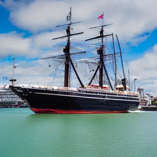 Prompt: fantasy ship sailing through Auckland Harbor