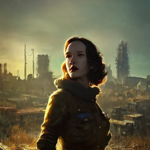 Image similar to fallout 5, charismatic beautiful, rugged, brunette female protagonist wearing a cowboy - hat, portrait, outdoors ruined cityscape, atmospheric lighting, painted, intricate, volumetric lighting, beautiful, spring, sharp focus, deep colours, ultra detailed, by leesha hannigan, ross tran, thierry doizon, kai carpenter, ignacio fernandez rios