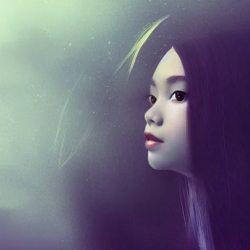 Prompt: a thin, pretty young Filipino woman with long hair floats in a dream world, beautiful dramatic lighting, abstract, trending on artstation