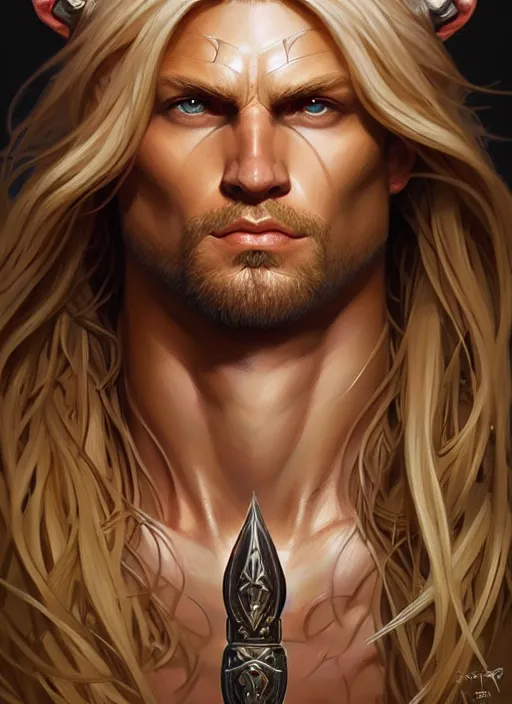 Image similar to symmetry! portrait of barbarian, long blond hair, d & d, muscular! fantasy, intricate, elegant, highly detailed, digital painting, artstation, concept art, smooth, sharp focus, illustration, art by artgerm and greg rutkowski and alphonse mucha