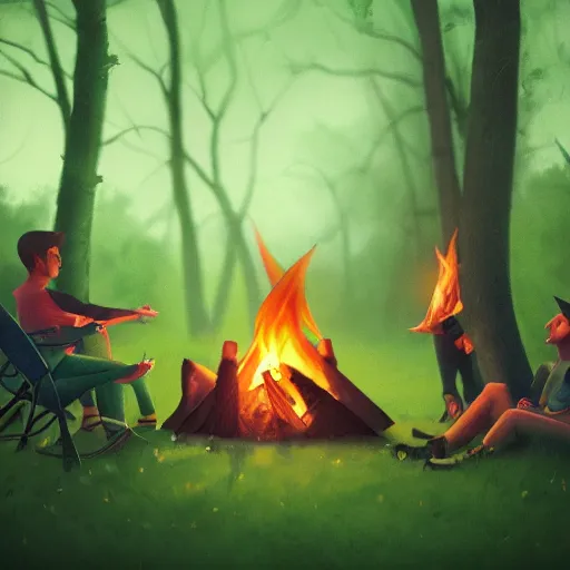 Image similar to beautiful close up, zoom up campfire in the woods at night, warmth, green screen, ( ( people ) ), ( ( person ) ), stylized, artgerm, artstation, hd, cgsociety, cgi, realistic, dramatic, cinematic, artistic, trending, detailed