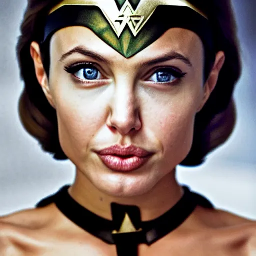 Image similar to young angelina jolie as wonder woman, photorealistic, photographed in the style of annie leibovitz - h 6 4 0