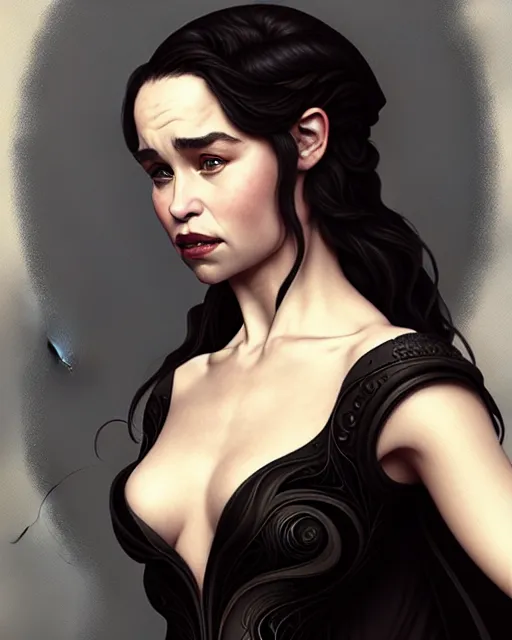 Image similar to Emilia Clarke as a succubus in an elegant black dress, D&D, fantasy, intricate, elegant, highly detailed, digital painting, artstation, concept art, matte, sharp focus, illustration, hearthstone, art by Artgerm and Greg Rutkowski and Alphonse Mucha