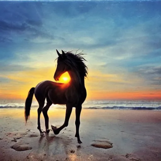 Prompt: epic glorious war horse on the beautiful beach during sunset, david lachapelle, old photo, vintage