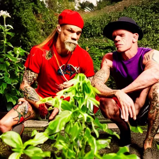 Image similar to A brightly coloured photo of Anthony Kiedis and Flea in a Chili-Pepper garden, 8k, warm dramatic lighting