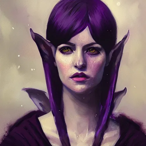 Prompt: portrait painting of female forest elf black hair, purple eyes, black dress, dramatic light, 8 k, by greg rutkowski