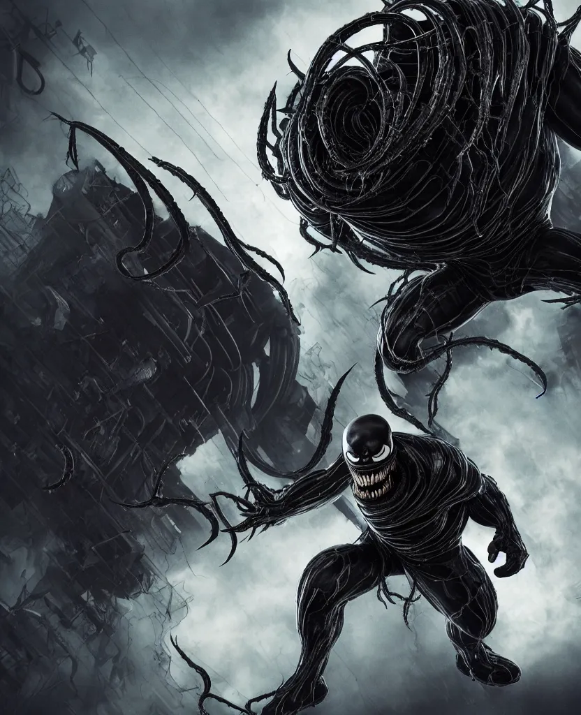 Prompt: A Minion from Despicable Me cast as Venom, still from marvel movie, hyperrealistic, 8k, Octane Render, dark colors, sinister atmosphere, dramatic lighting, cinematic, establishing shot, extremely high detail, photo realistic, cinematic lighting, pen and ink, intricate line drawings, by Yoshitaka Amano, Ruan Jia, Kentaro Miura, Artgerm, post processed, concept art, artstation, matte painting, style by eddie mendoza, raphael lacoste, alex ross