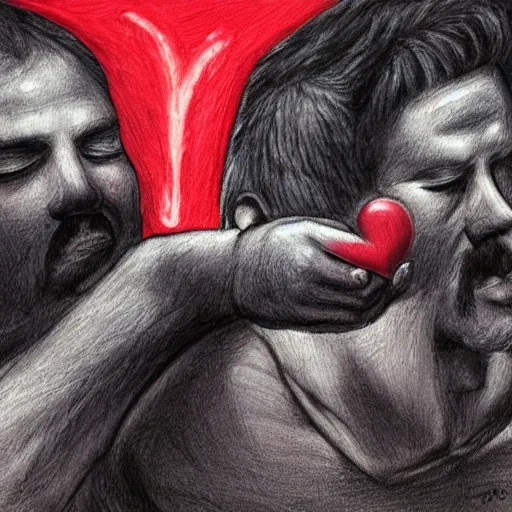 Prompt: two beautiful chad men drinking beer, red hearts, friendship, love, sadness, dark ambiance, concept by Godfrey Blow, featured on deviantart, drawing, sots art, lyco art, artwork, photoillustration, poster art