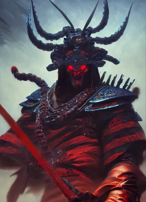 Image similar to Demon Samurai, extremly detailed oil painting, in the style of Fenghua Zhong and Ruan Jia and RHADS, rim light, 8k, extremly detailed, stunning scene, raytracing, octane, trending on artstation