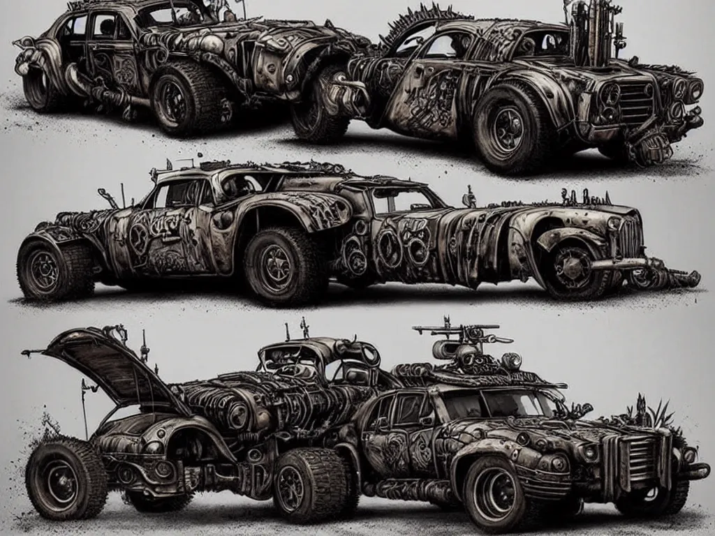 Prompt: a mad max style car designed by joe fenton painted by rhads, lots of weapons, customised military steampunk