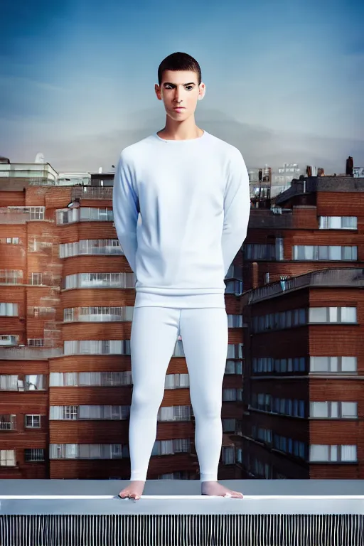 Image similar to un ultra high definition studio quality photographic art portrait of a young man standing on the rooftop of a british apartment building wearing soft padded silver pearlescent clothing. three point light. extremely detailed. golden ratio, ray tracing, volumetric light, shallow depth of field. set dressed.