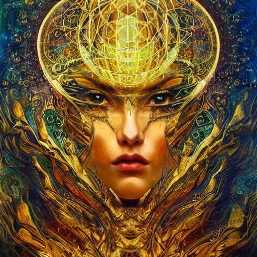 Image similar to Divine Chaos Engine by Karol Bak, Jean Deville, Gustav Klimt, and Vincent Van Gogh, beautiful visionary mystical portrait, sacred geometry, otherworldly, fractal structures, ornate gilded medieval icon, third eye, spirals