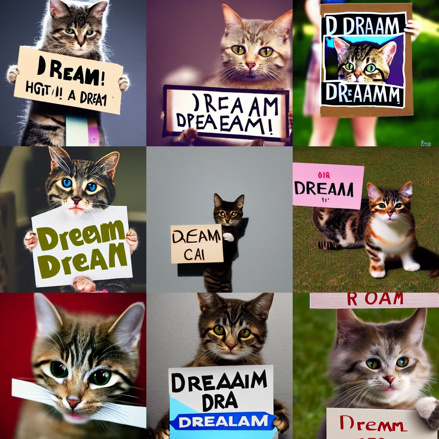 Image similar to realistic high quality photo of a cute cat holding a sign with text that reads : dream cat