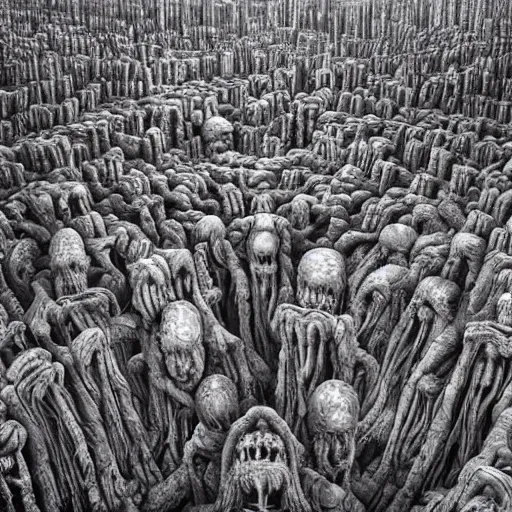 Image similar to a wide shot of a vast landscape full of huge pillars extending upwards forever and made of huge human faces with growths that are human upper bodies thrashing in horror very cinematic grotesque body horror exaggerated proportions surrealist style exquisite award winning detail