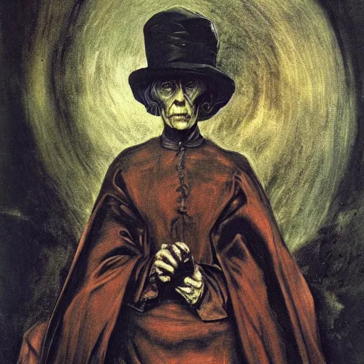 Image similar to portrait, old wrinkled witch. dark clothes. by El Greco, Remedios Varo, Salvador Dali, Carl Gustav Carus, John Atkinson Grimshaw. high detail, great lighting, 8k resolution, masterpiece, concept art, illustration