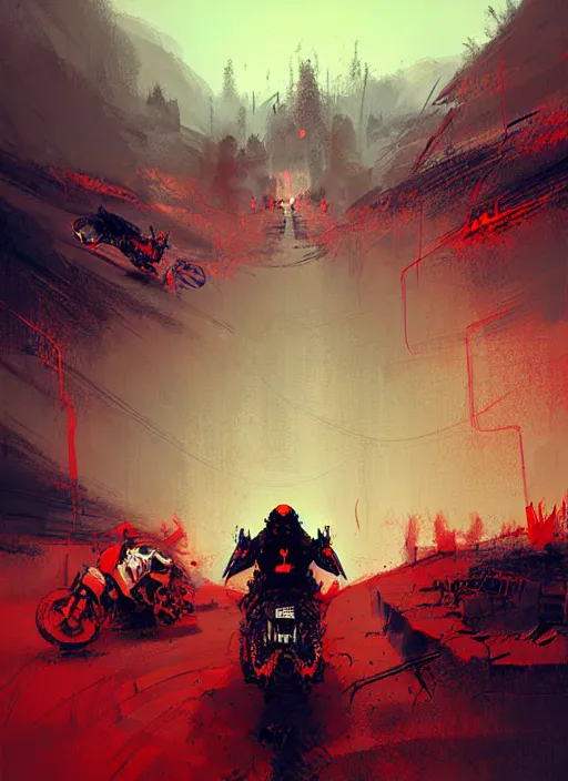 Image similar to horror art, motorbikers race in hell, red peaks in the background, art by ismail inceoglu