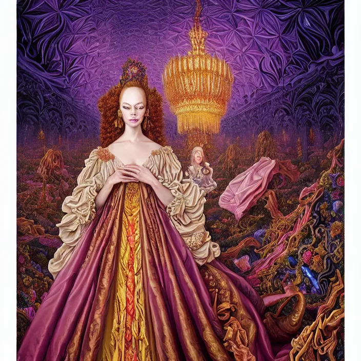 Image similar to beautiful oil painting, full length portrait of dauphinois in baroque coronation robes 1701, Dan Mumford, Dan Mumford, Alex grey, hyacinthe rigaurd, highly detailed , lsd visuals, dmt fractal patterns, hallucinogen, visionary art, psychedelic art, ornate, vaporwave, baroque, Greg rutkowski