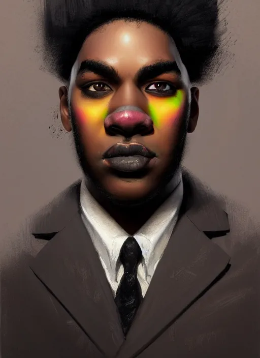 Image similar to portrait of a wide faced black man with a crooked nose and a confident expression, 1 9 6 0 s, black clothes, goth, punk, brightly coloured hair, funk, intricate, elegant, highly detailed, digital painting, artstation, concept art, smooth, sharp focus, illustration, art by wlop, mars ravelo and greg rutkowski