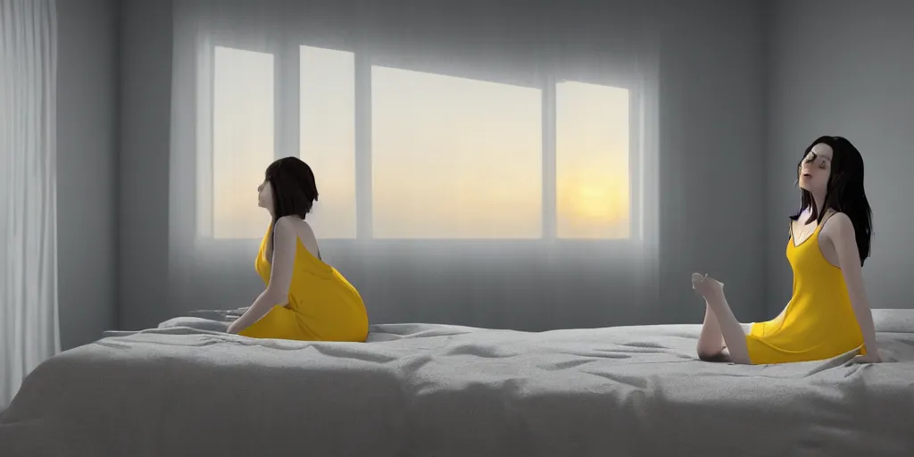 Image similar to A girl with dark hair in a yellow nightgown sits on a bed in a room with light gray walls, side view, sunset light, edward hopper style. cinematic, hyper realism, high detail, octane render, 8k, iridescent accents