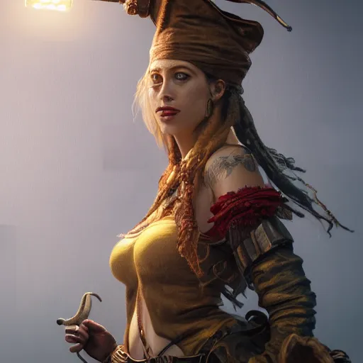 Image similar to detailed full body concept oil painting of a female pirate in beautifully designed clothing, cinematic lighting, hyperdetailed, cgsociety, 8k, high resolution, insanely detailed and intricate, octane render, golden ratio, vfx, postprocessing, freckles, alluring