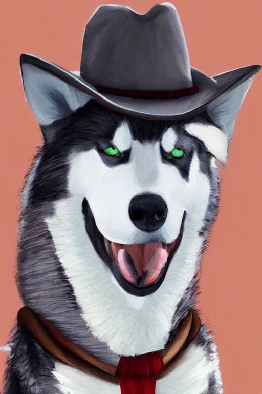 Image similar to a portrait painting of a husky in cowboy costume, wearing a cowboy hat, in the style of anime, [ western film ], [ red dead ], trending on artstation