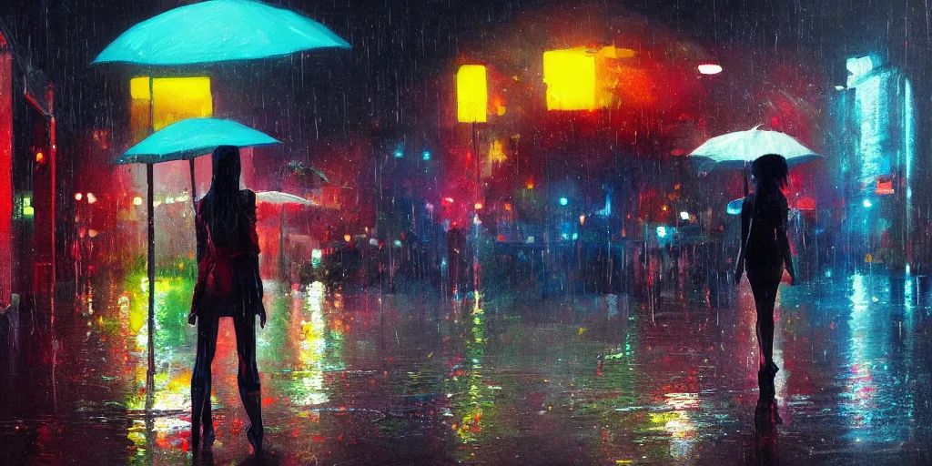 Prompt: detailed painting, a girl standing in the rain, neon lights, featured on artstation, cinematic lighting, kashin, wadim