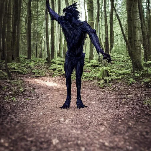 Prompt: standing werecreature consisting of a human and crow, photograph captured in a forest