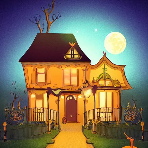 Image similar to very cute adorable digital Illustration of a Halloween house on a round small hill. Glaring lights coming out of the windows. backlit house, moon shining onto the house. Cinematic lighting, movie poster. Award winning digital illustration trending on artstation. art nouveau in the style of Émile Gallé. Very detailed and beautiful digital art