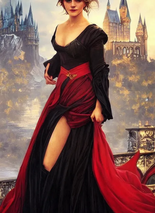 Prompt: oil painting of emma watson giving seductive look wearing black, red and gold robes. hogwarts in background beautiful detailed face. by artgerm and greg rutkowski and alphonse mucha