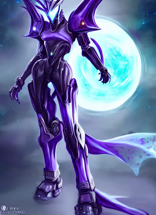 Image similar to cinematic front shot, cosmic sized proportional stunning beautiful hot female warframe, detailed sleek robot mecha female dragon head, metal ears, sleek purple eyes, sleek silver armor, smooth, nebula sized, holding a planet, epic proportions, epic size, epic scale, furry art, dragon art, giantess art, warframe fanart, furaffinity, deviantart