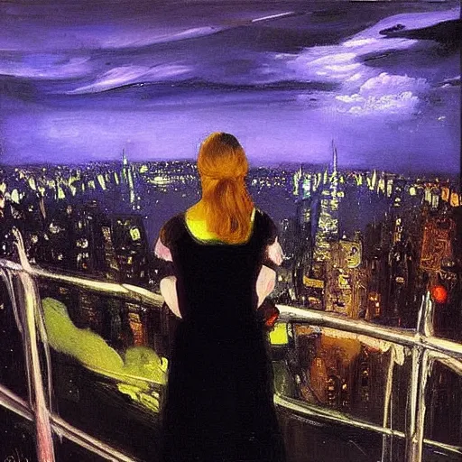 Image similar to “ a girl looking down at a futuristic!!!!!! new york city below, ghostpunk!!!!, neon lights, storm clouds, rain!!!!!!, oil painting, by george bellows ”